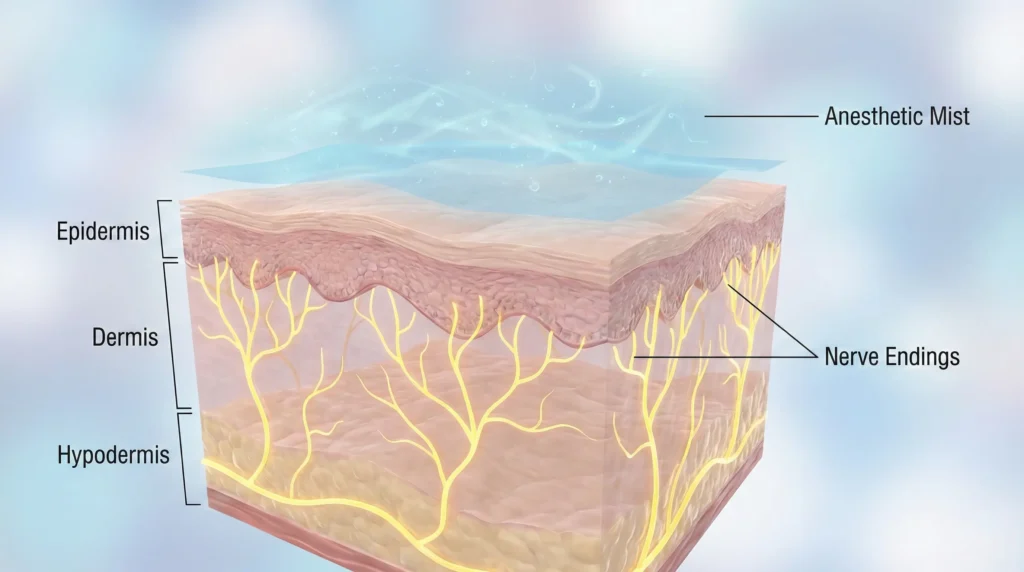 Cross-section diagram of skin showing how delay spray desensitise nerves for longer duration.