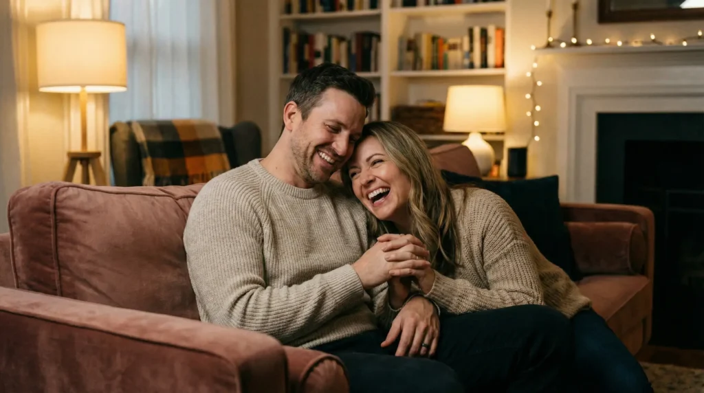 Happy couple sitting together representing healthy married life and sexual wellness.