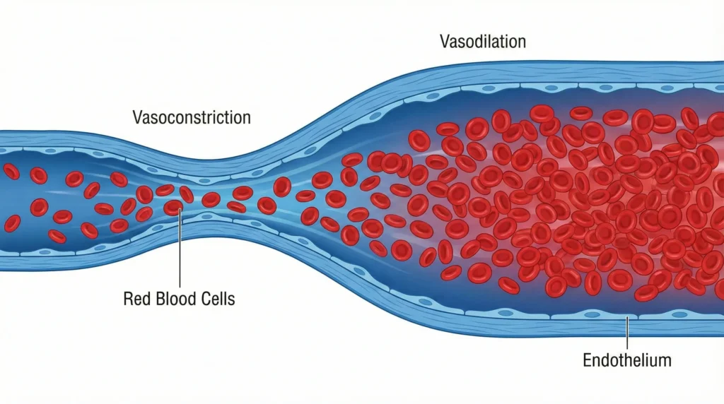 Medical illustration showing dilated blood vessels and increased blood flow for better erection and timing.